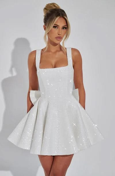 Sequined Square Neck Bow Back Pleated Skater Mini Dress