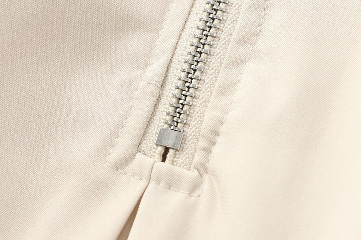 Mock Neck Zip Front Box Pleat A-Line Midi Dress