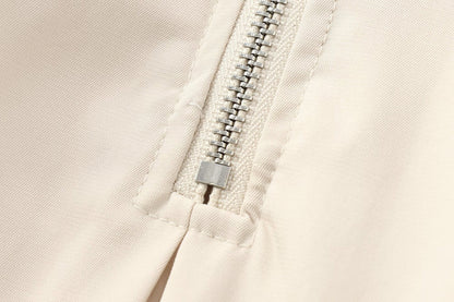 Mock Neck Zip Front Box Pleat A-Line Midi Dress