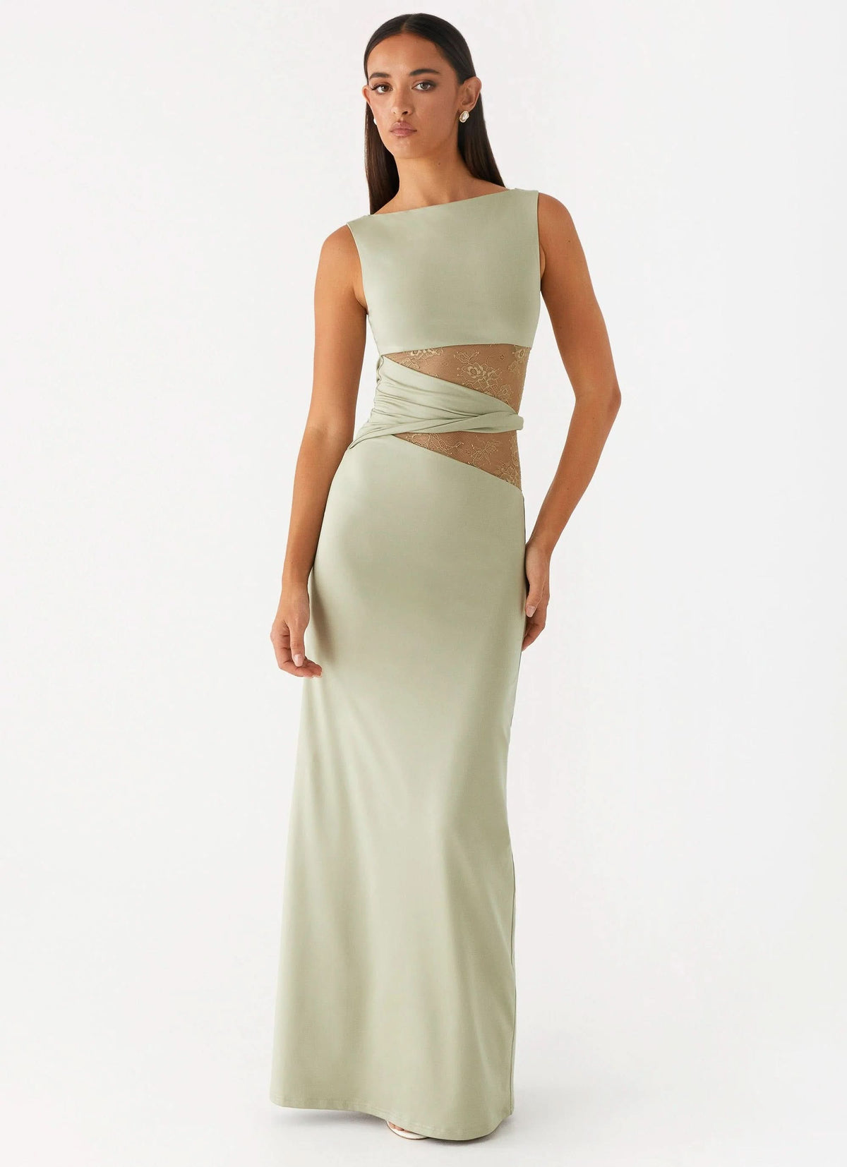 Boat Neck Lace Insert Waist Cutout Draped Twist Maxi Gown