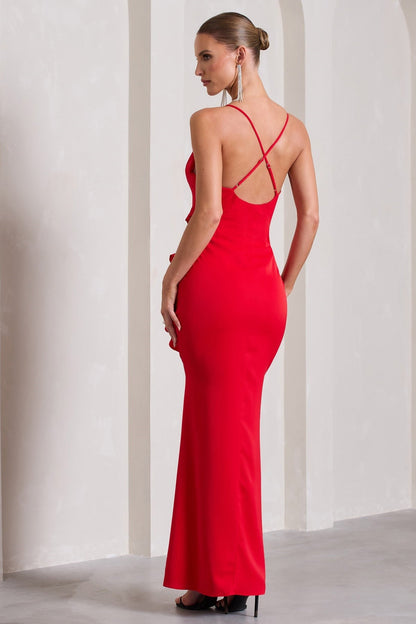 V-Neck Spaghetti Strap Diagonal Ruffle Tier High Slit Maxi Dress