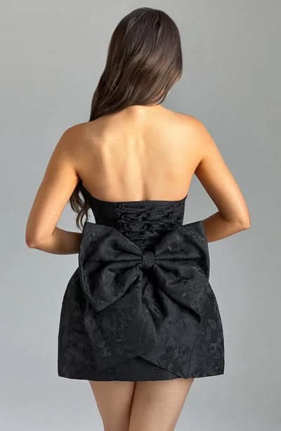 Floral Jacquard Strapless Structured Bow Back Fit and Flare Mini Dress