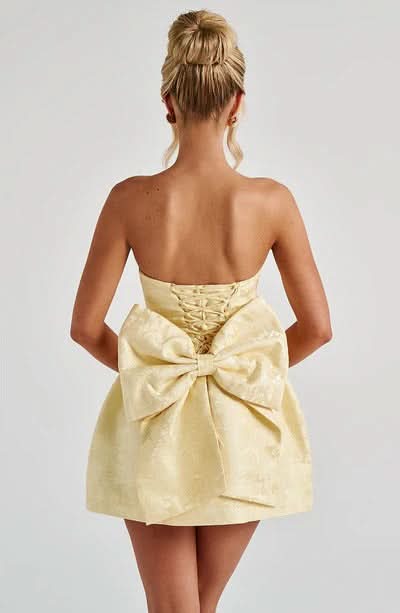 Floral Jacquard Strapless Structured Bow Back Fit and Flare Mini Dress