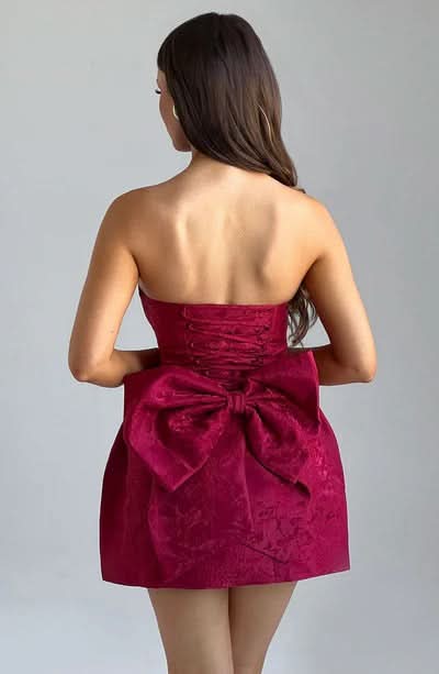 Floral Jacquard Strapless Structured Bow Back Fit and Flare Mini Dress