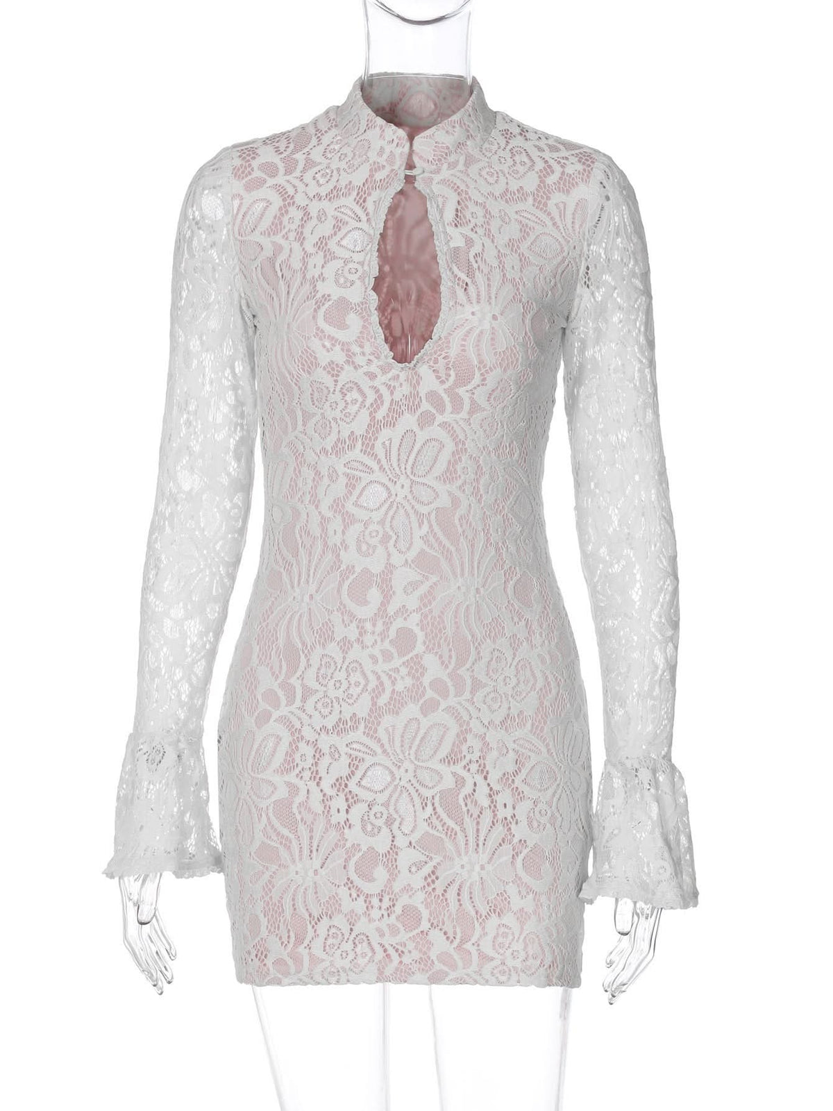 Mock Neck Keyhole Cutout Floral Lace Long Sleeve Bodycon Mini Dress