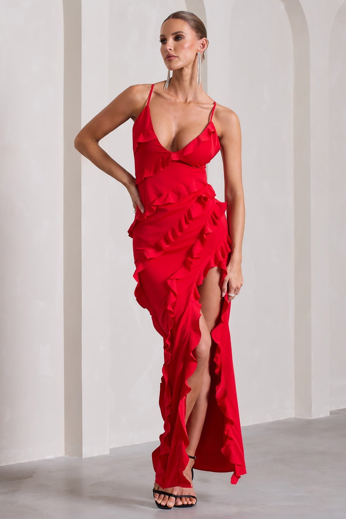 V-Neck Spaghetti Strap Diagonal Ruffle Tier High Slit Maxi Dress