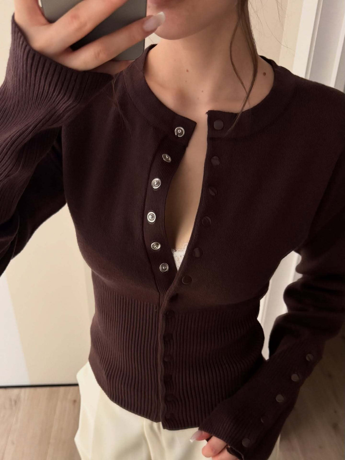 Luna Snap-Detail Ribbed Knit Cardigan