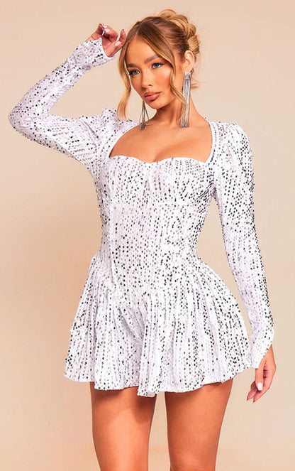 Square Neck Sequin Velvet Long Sleeve Fit And Flare Mini Dress