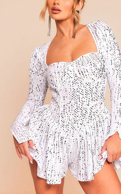Square Neck Sequin Velvet Long Sleeve Fit And Flare Mini Dress