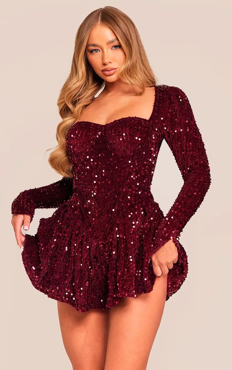 Square Neck Sequin Velvet Long Sleeve Fit And Flare Mini Dress