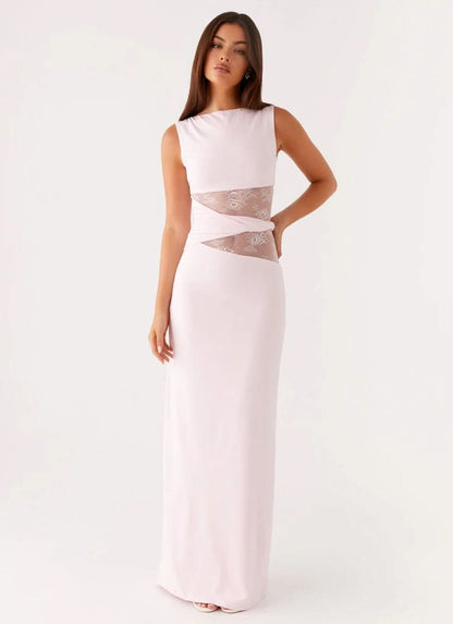 Boat Neck Lace Insert Waist Cutout Draped Twist Maxi Gown