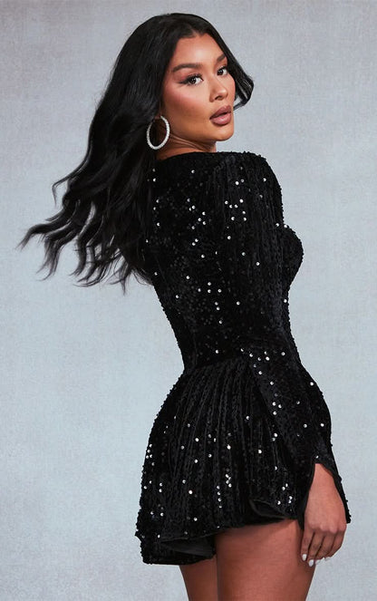 Square Neck Sequin Velvet Long Sleeve Fit And Flare Mini Dress