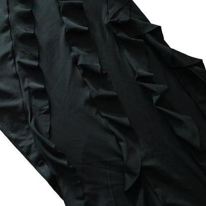 V-Neck Spaghetti Strap Diagonal Ruffle Tier High Slit Maxi Dress