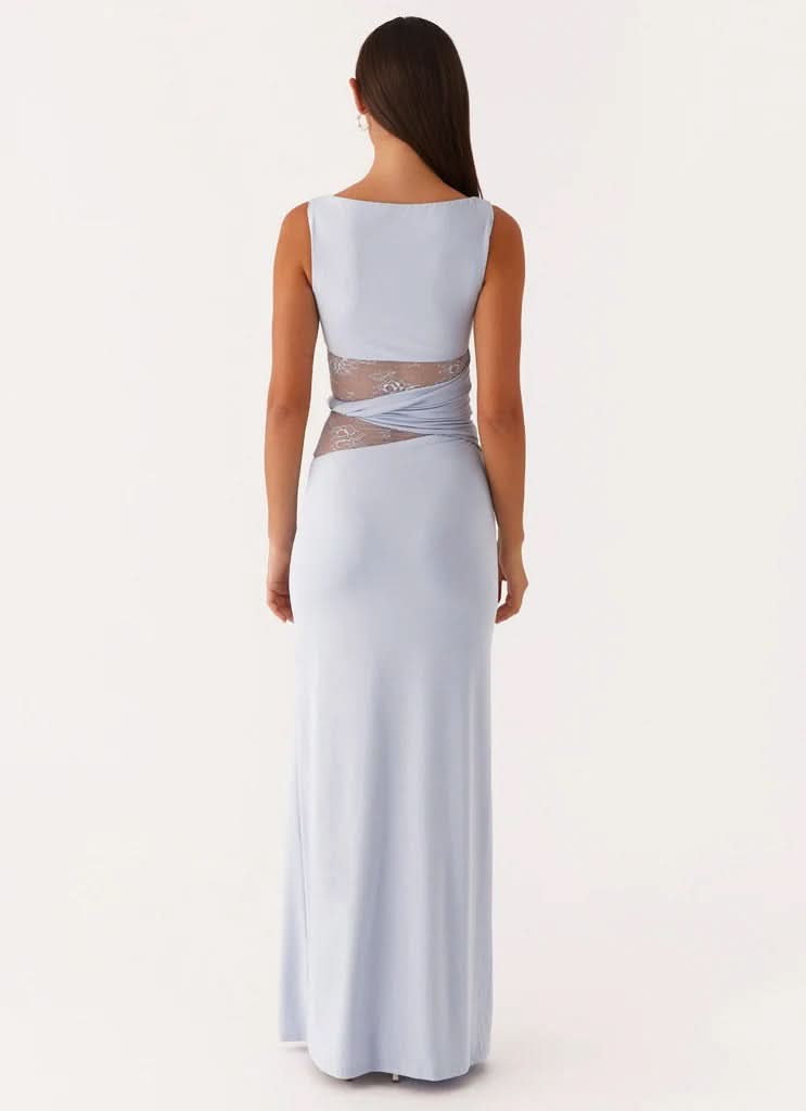 Boat Neck Lace Insert Waist Cutout Draped Twist Maxi Gown