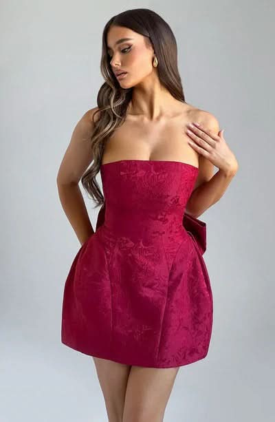 Floral Jacquard Strapless Structured Bow Back Fit and Flare Mini Dress