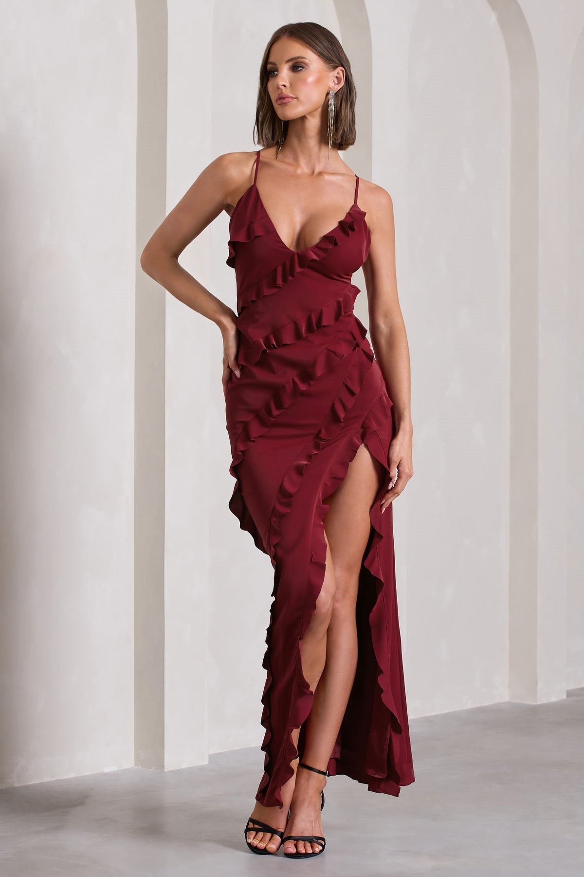 V-Neck Spaghetti Strap Diagonal Ruffle Tier High Slit Maxi Dress