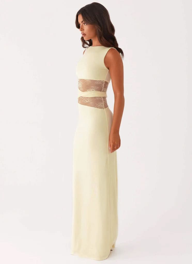Boat Neck Lace Insert Waist Cutout Draped Twist Maxi Gown
