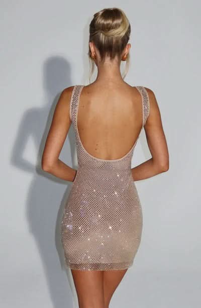 Rhinestone Mesh Square Neck Spaghetti Strap Bodycon Mini Dress
