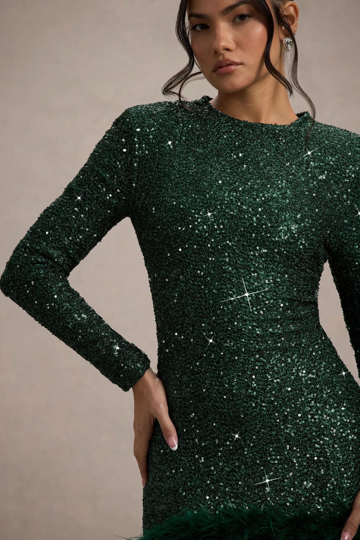 Sequin Texture Feather Hem Long Sleeve Crew Neck Mini Dress