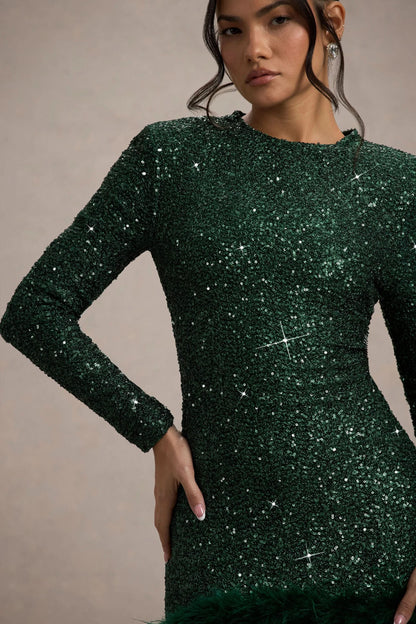 Sequin Texture Feather Hem Long Sleeve Crew Neck Mini Dress