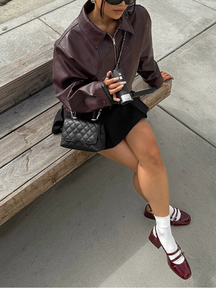 Jesse Burgundy Faux Leather Cropped Jacket