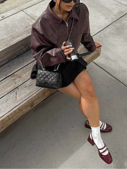 Jesse Burgundy Faux Leather Cropped Jacket
