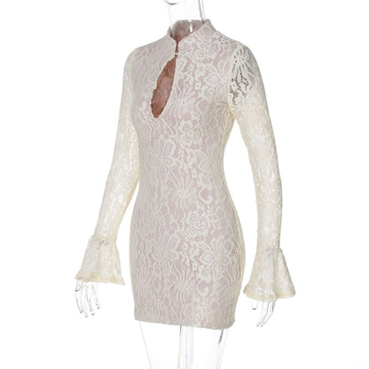 Mock Neck Keyhole Cutout Floral Lace Long Sleeve Bodycon Mini Dress