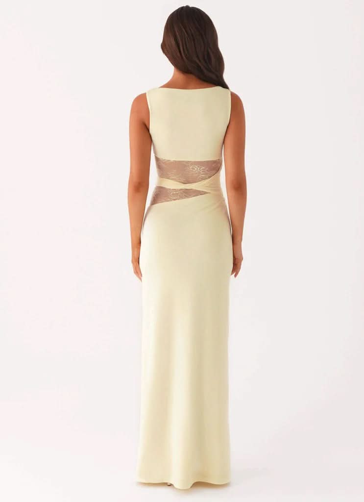 Boat Neck Lace Insert Waist Cutout Draped Twist Maxi Gown