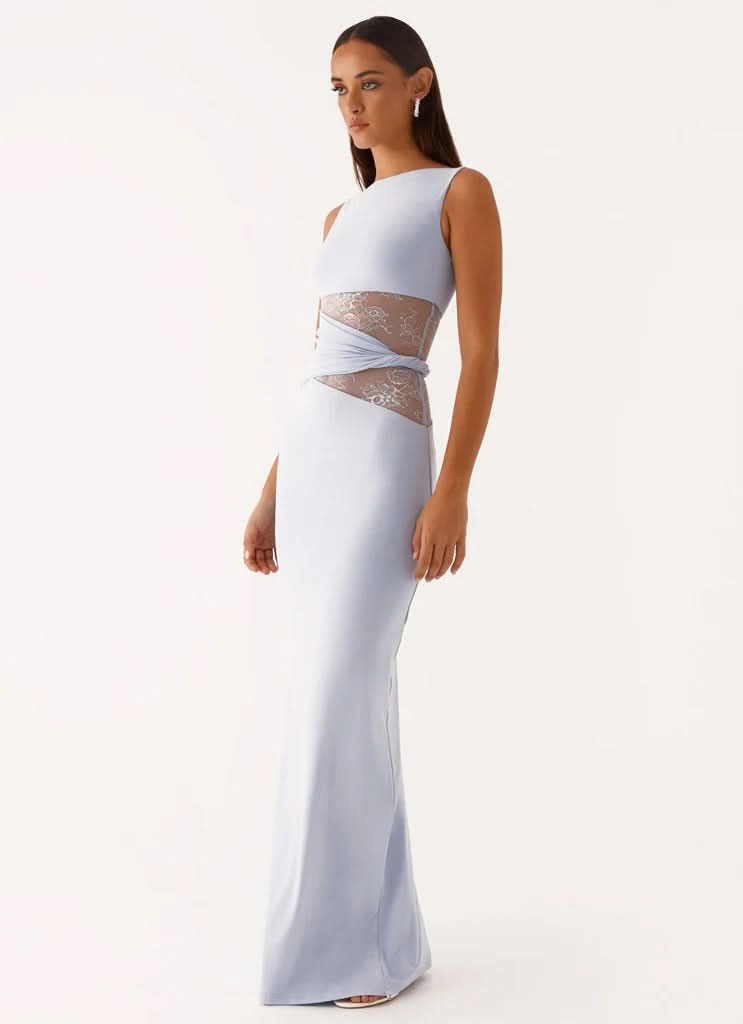 Boat Neck Lace Insert Waist Cutout Draped Twist Maxi Gown