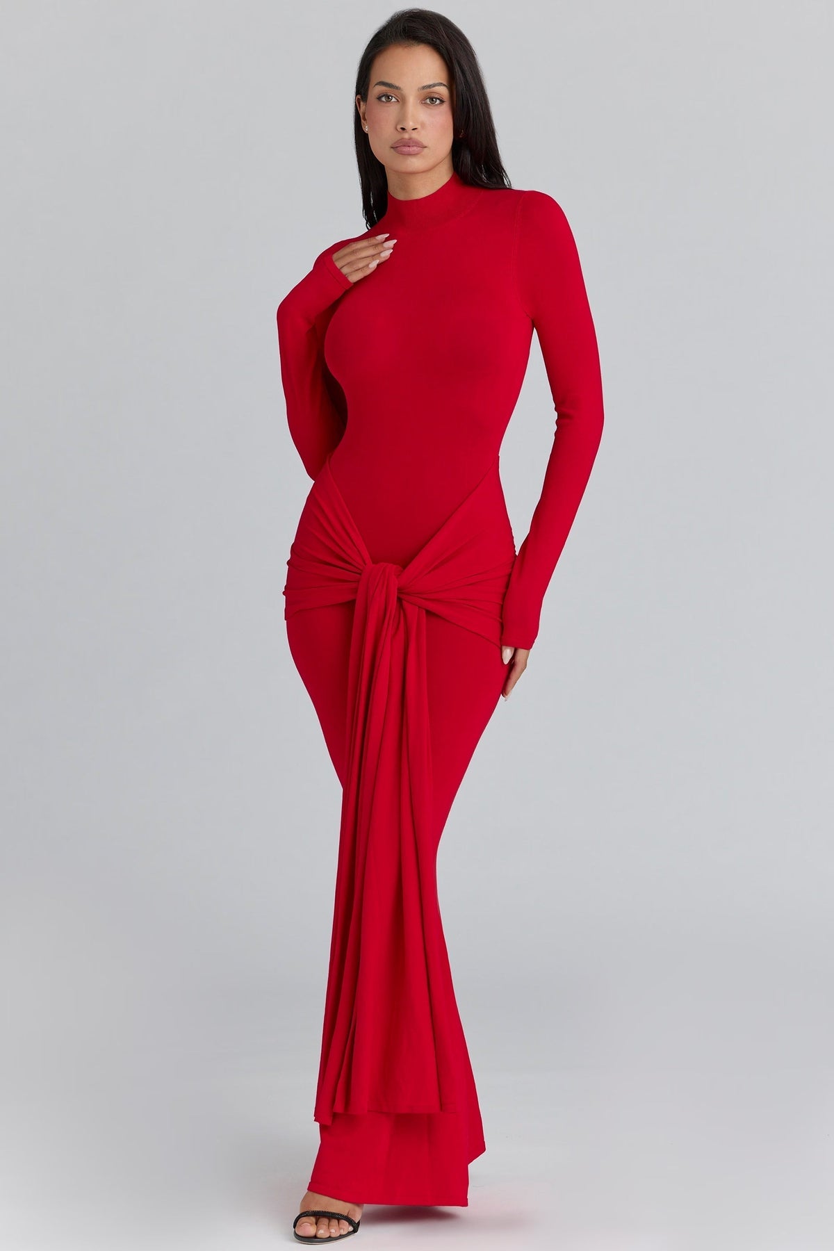 Mock Neck Knot Front Draped Panel Bodycon Maxi Dress