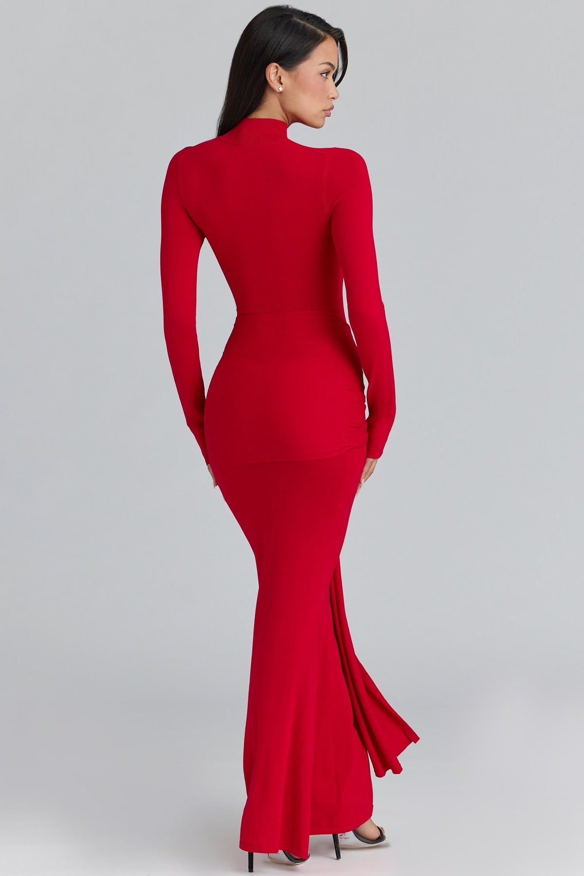 Mock Neck Knot Front Draped Panel Bodycon Maxi Dress