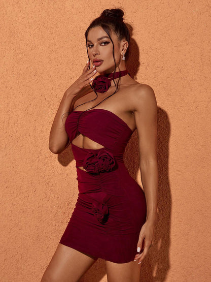 Strapless Ruched Midriff Cutout 3D Rosette Choker Neck Mini Dress