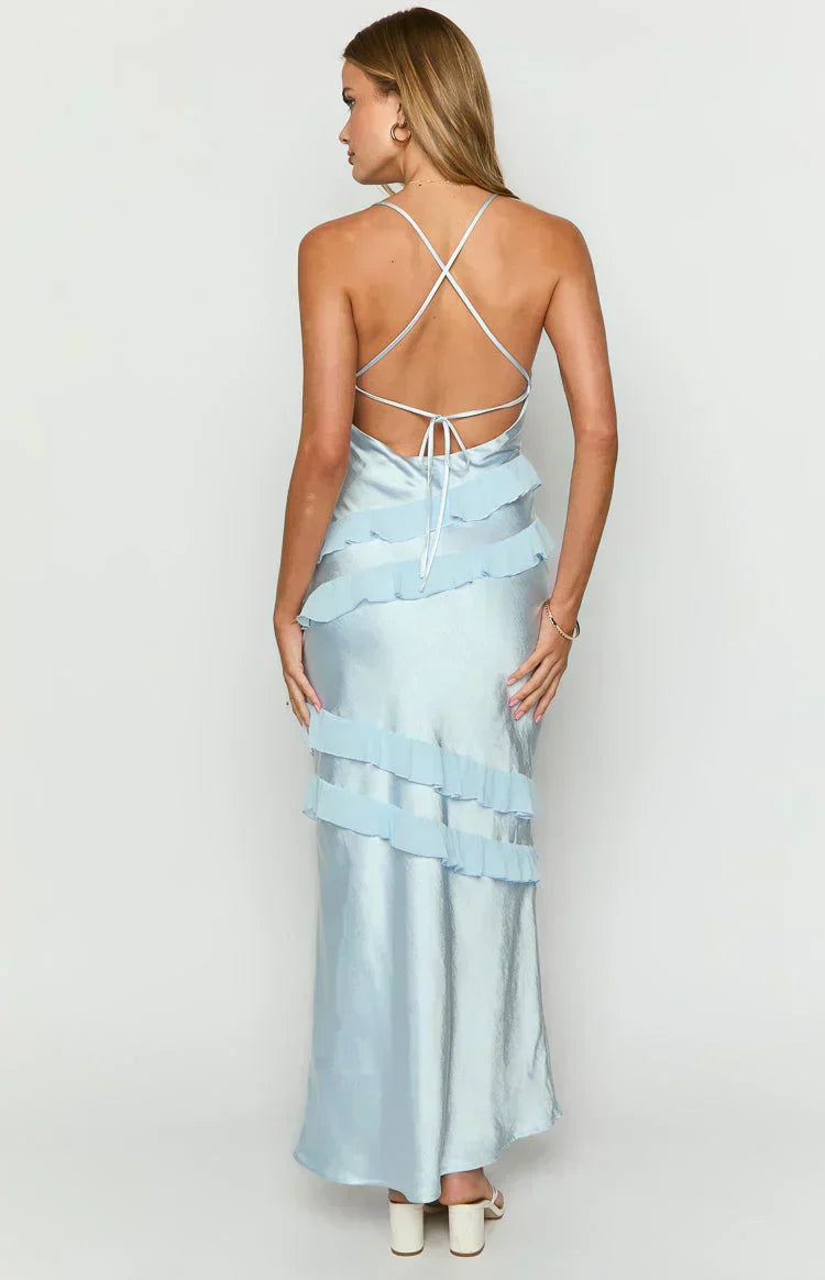 V-Neck Spaghetti Strap Diagonal Cascading Ruffle Maxi Dress