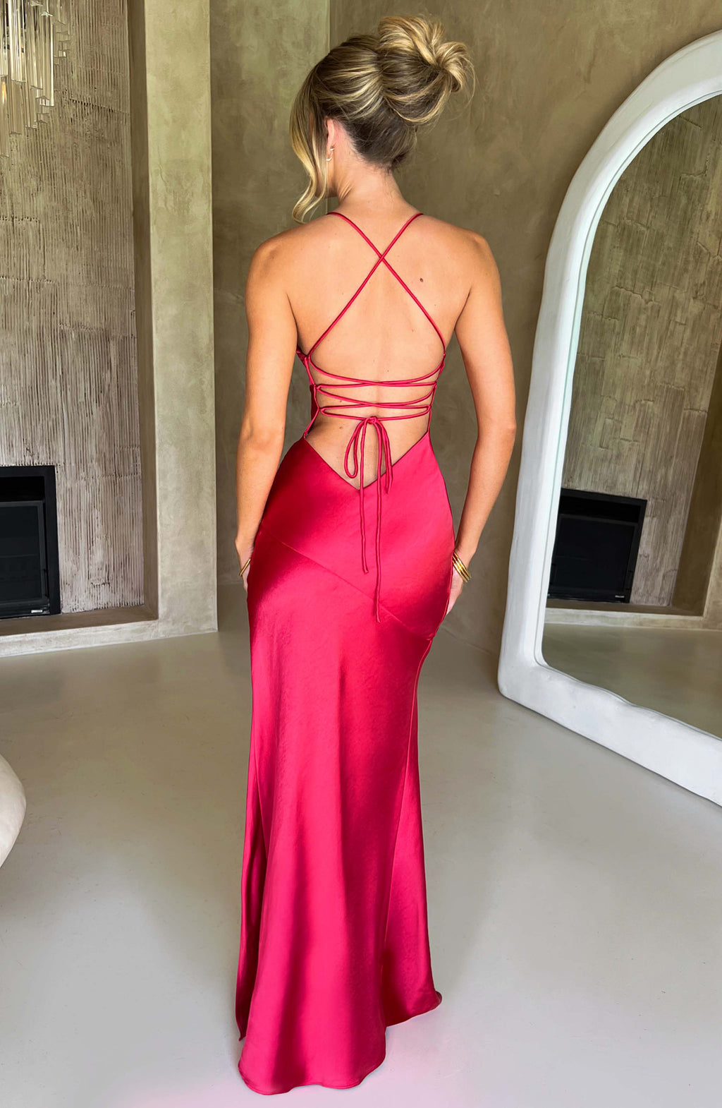 Satin Deep V-Neck Cross Back Thigh Slit Maxi Dress