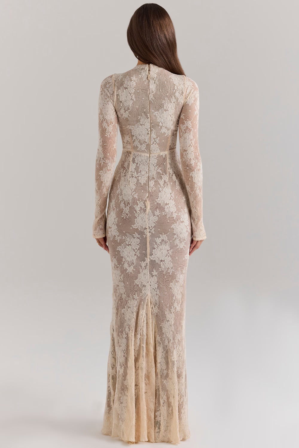 Mock Neck Long Sleeve Floral Lace Sheer Overlay Bodycon Maxi Dress