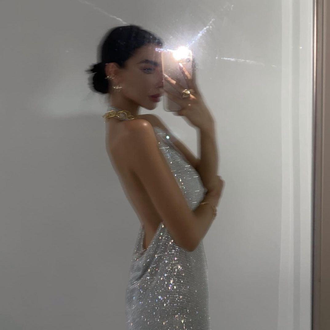 Strapless Rhinestone Mesh Mini Dress