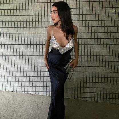Deep V Neck Crystal Chevron Panel Satin Slip Maxi Dress