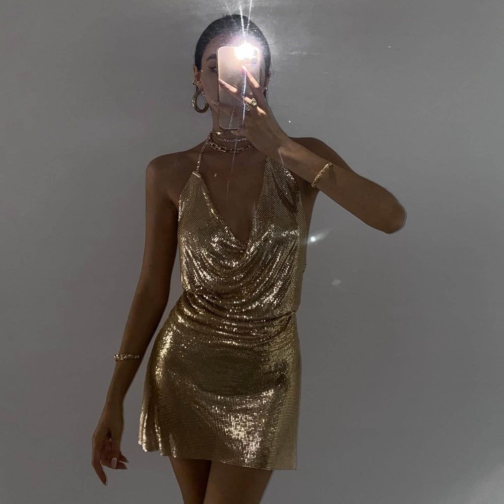 Halter Neck Chainmail Fringe Trim Mini Dress