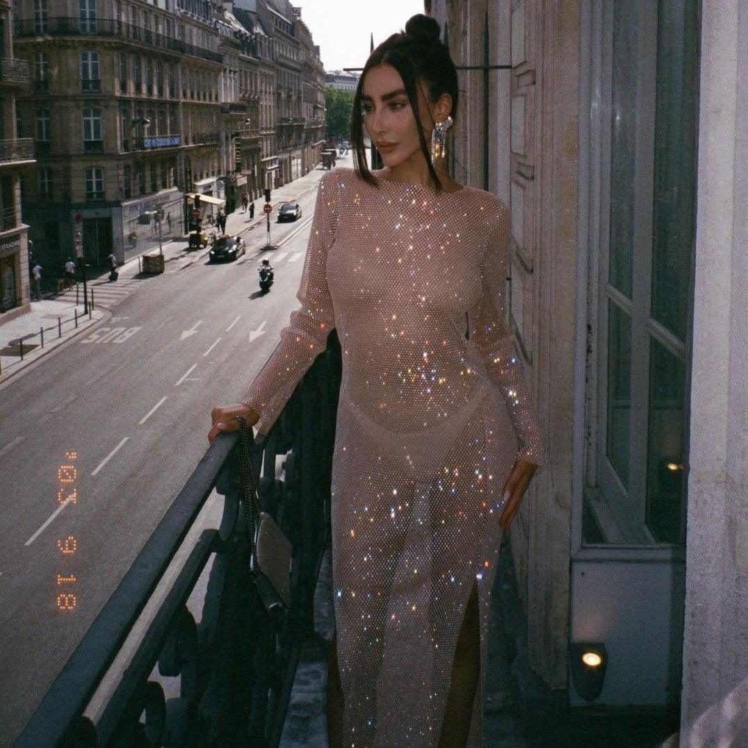 Halter Neck Rhinestone Mesh Maxi Dress
