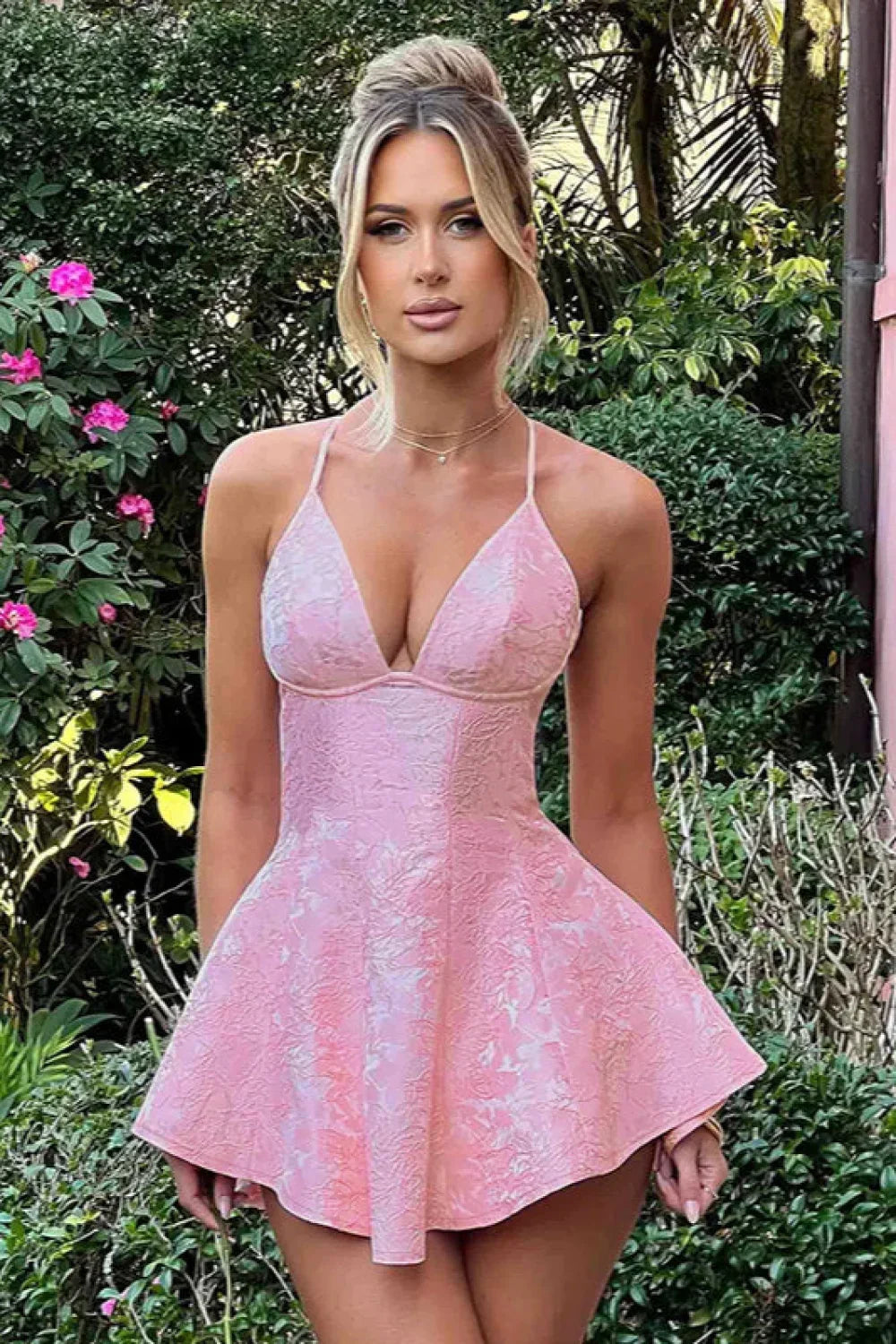 Jacquard Floral Spaghetti Strap Bustier Fit and Flare Mini Dress