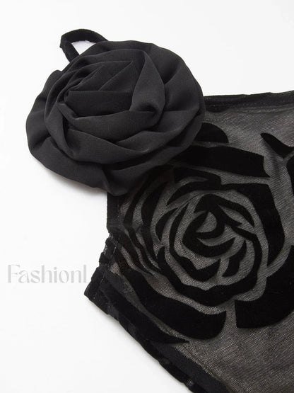 Black Jacquard Floral Asymmetrical Long Dress