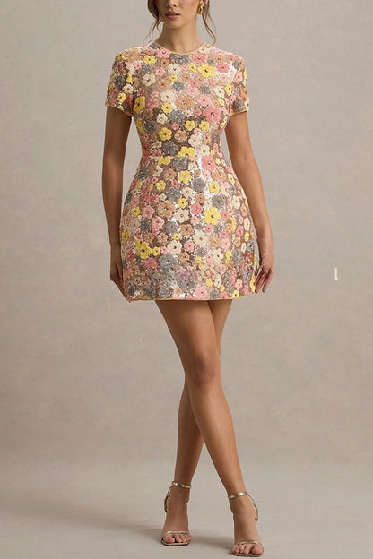 80's Inspired Floral Print Sequin Short Sleeve Stretch Mini Dress
