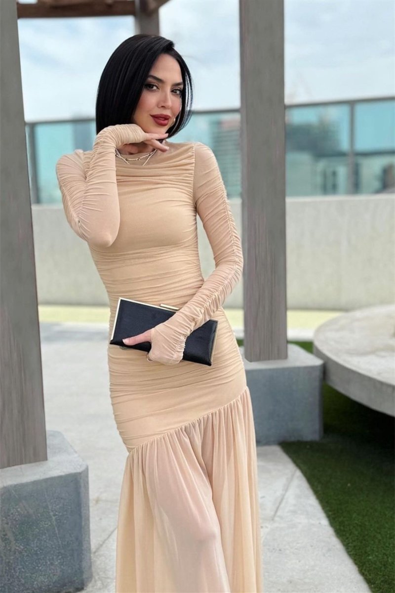 Mock Neck Thumbhole Ruched Diagonal Seam Flared Cuff Midi Dress