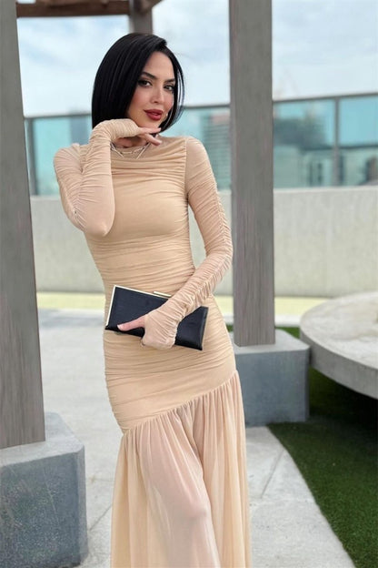 Mesh Long Sleeve Ruched Bodice Pleated Skirt Maxi Dress