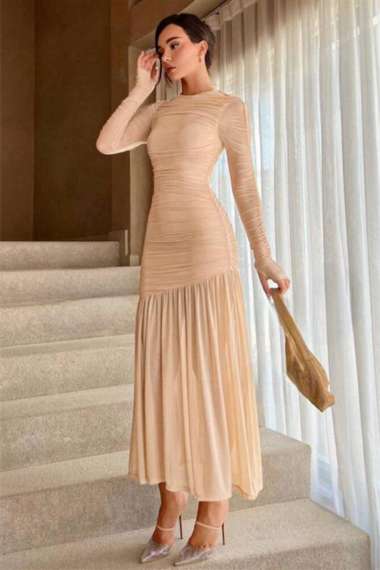 Mock Neck Thumbhole Ruched Diagonal Seam Flared Cuff Midi Dress