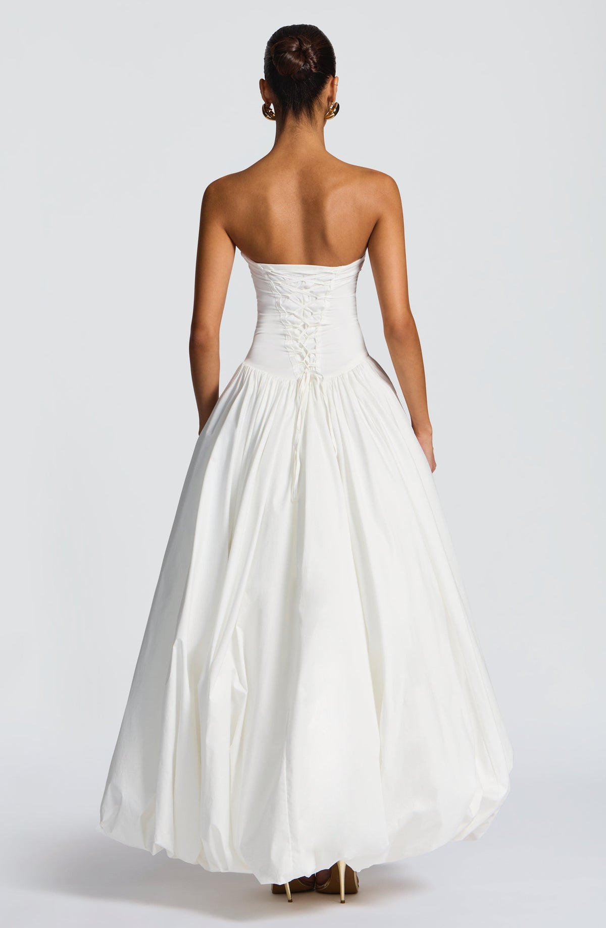 Strapless Ruched Dropped Waist High Slit Voluminous Maxi Gown