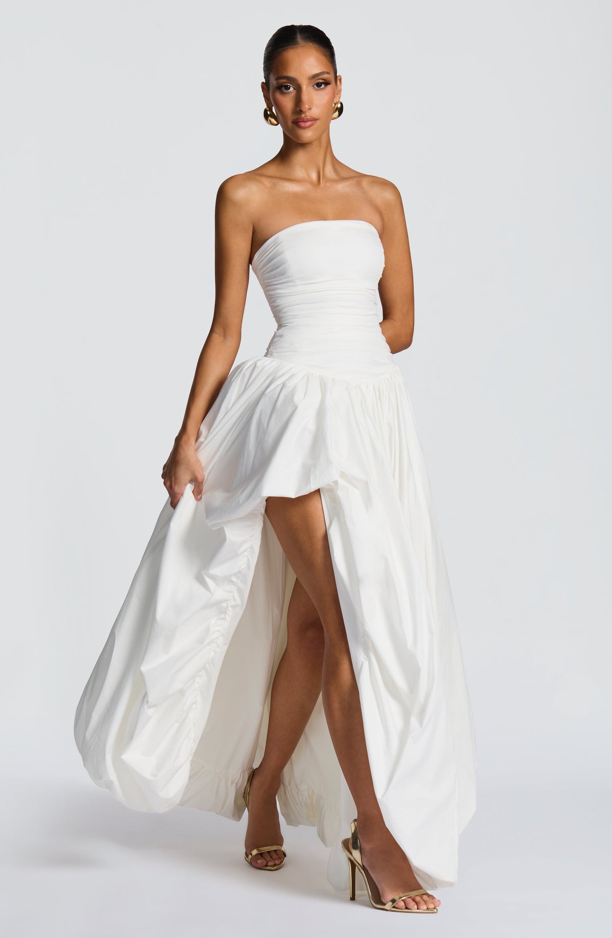 Strapless Ruched Dropped Waist High Slit Voluminous Maxi Gown