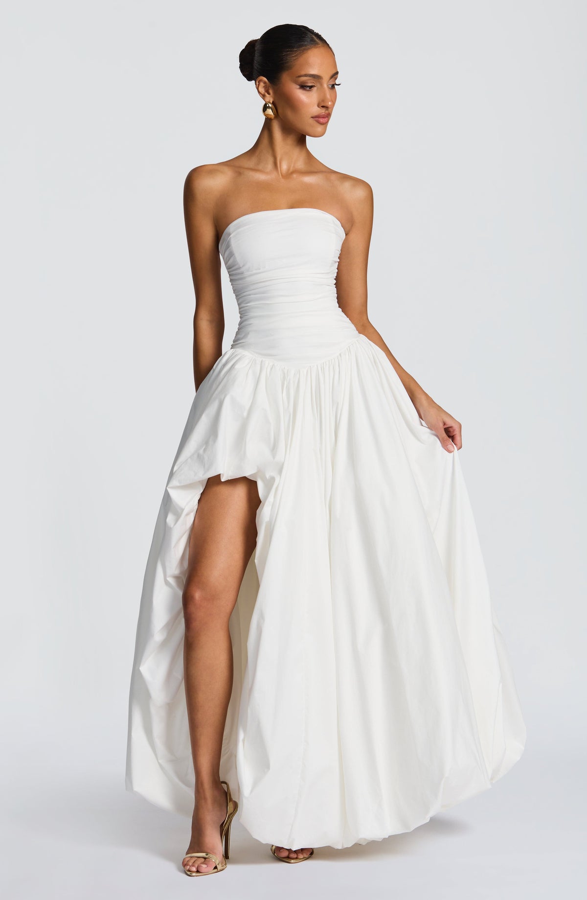 Strapless Ruched Dropped Waist High Slit Voluminous Maxi Gown