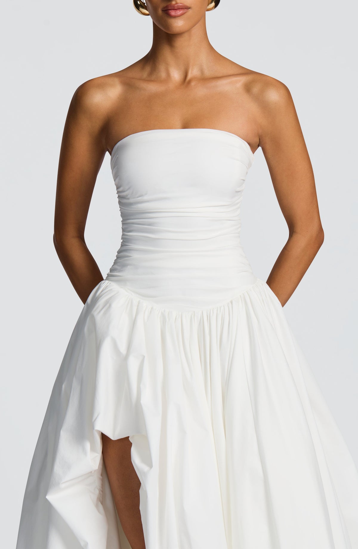 Strapless Ruched Dropped Waist High Slit Voluminous Maxi Gown