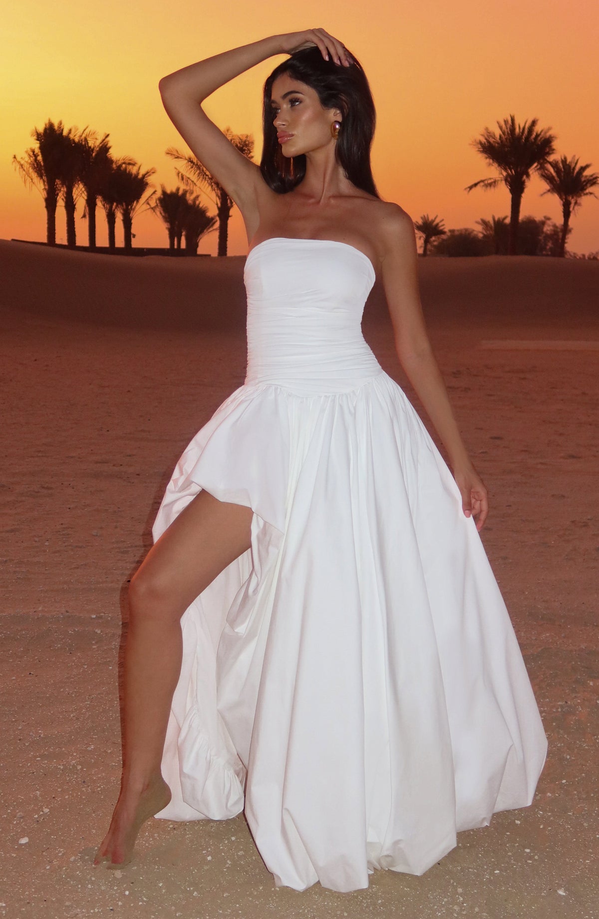 Strapless Ruched Dropped Waist High Slit Voluminous Maxi Gown